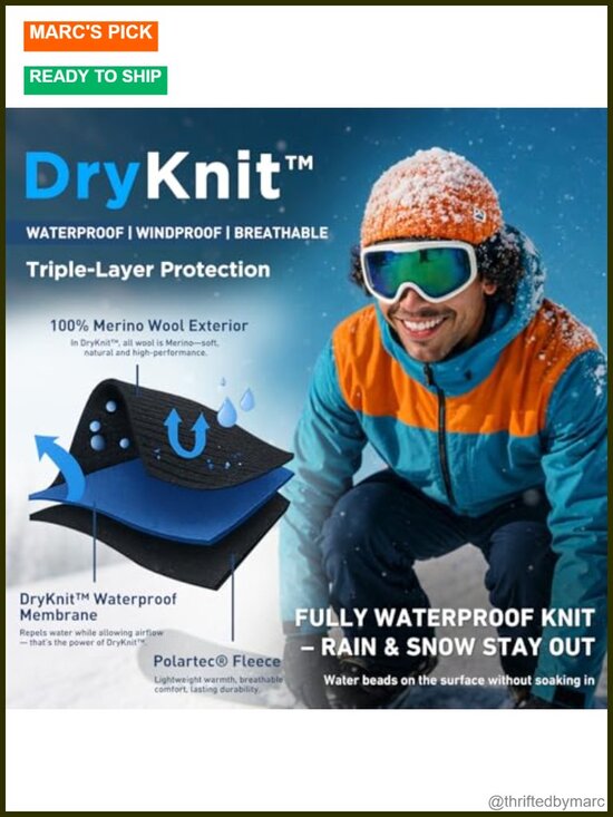 Waterproof Polartec Fleece Lined Merino Wool Cuffed Beanie Hat Winter Warm main image 5